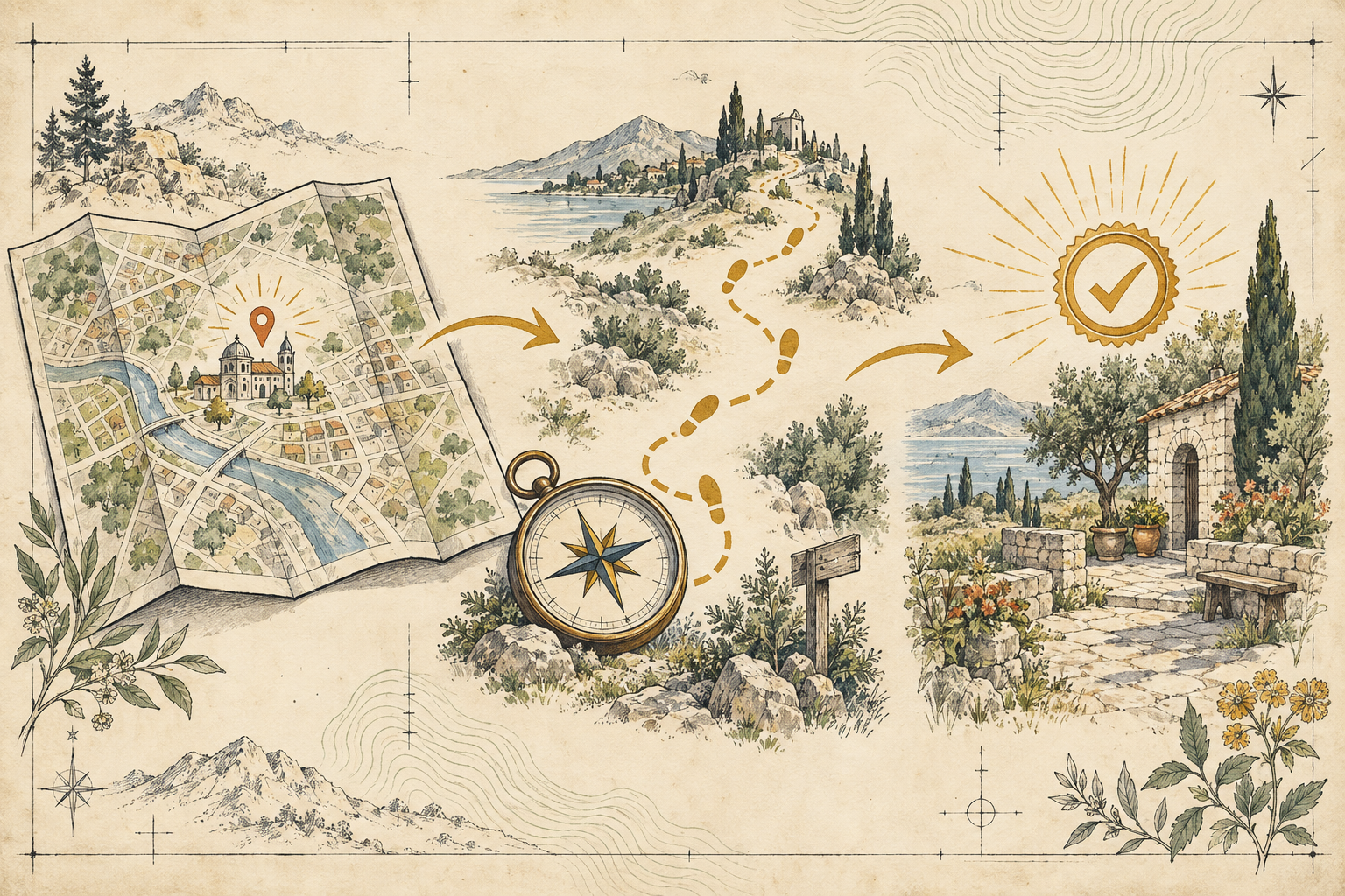 An illustrated field guide showing a map, a walking route, and a verified destination